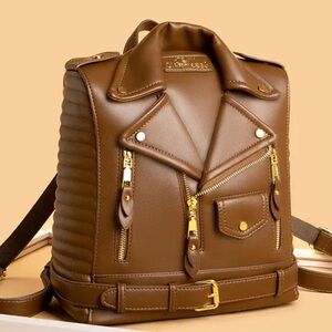 Stylish Brown Leather Backpack with Gold Details